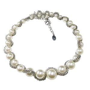 Faux Pearl Silver Chain Memory Wire Choker Necklace, 21 Inches, CG Hangtag